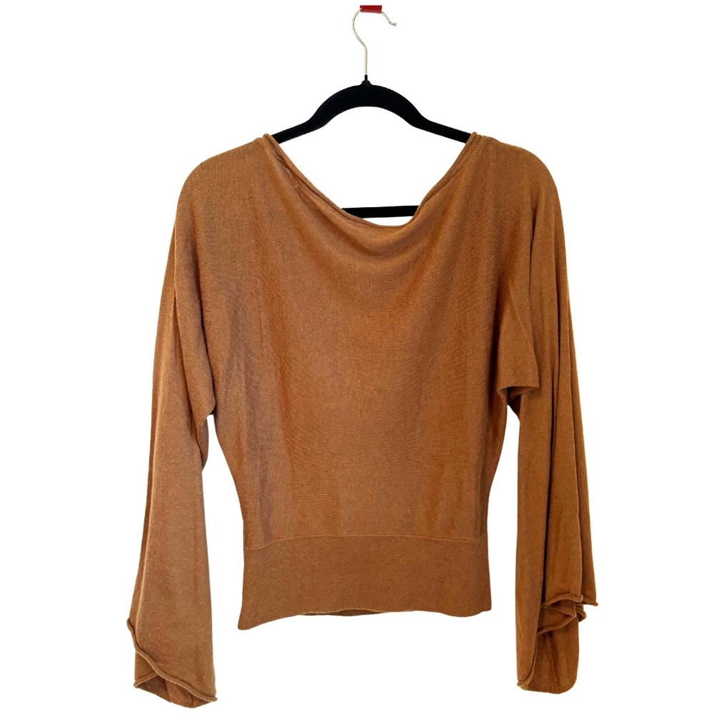Cotton Cashmere Knit Top Brown Long Bell Sleeve Women Size Medium Cris